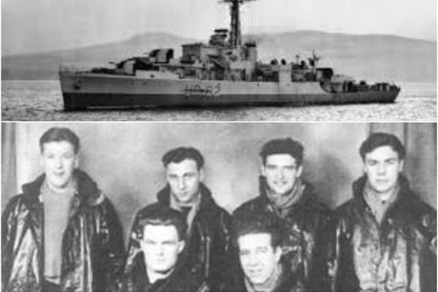 HMS Lapwing, which was torpedoed north of Russia. Bottom photos shows some of the survivors in Greenock, Scotland. Photos supplied by Unlocking Warwick