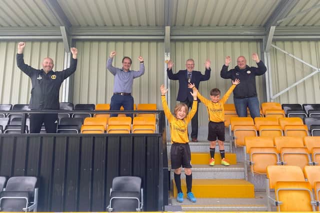 Pictured on the site of the new pitch Jason Pyott (Racing Club Warwick 1st team
coach), Cllr Liam Bartlett (Warwick District Council, Aylesford ward), Cllr Martyn Ashford, Gary Vella and under nine squad members Fletcher and Milo. Photo submitted