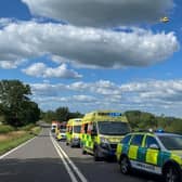 Emergency services and an air ambulance at the scene of yesterday's horror smash on the A361. Photo: Northamptonshire Police.