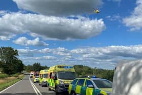 Emergency services and an air ambulance at the scene of yesterday's horror smash on the A361. Photo: Northamptonshire Police.