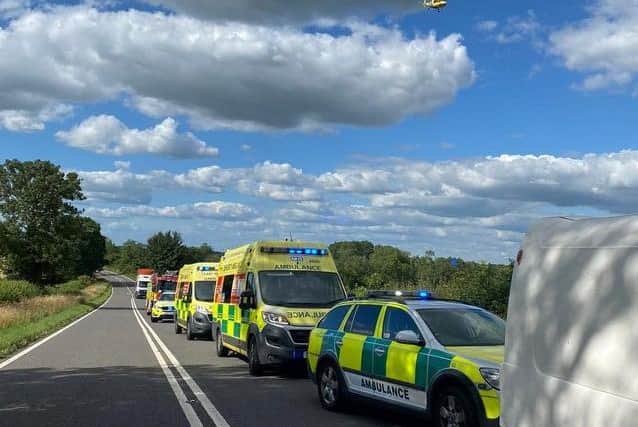 Emergency services and an air ambulance at the scene of yesterday's horror smash on the A361. Photo: Northamptonshire Police.