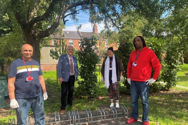 Pictured outside William Wallsgrove House from left to right Ayyaz Ahmed (homeless services assistant manager), Cllr Jan Matecki, Whitney Sheen (temporary accommodation officer) and Paul Pinnock (homeless support worker).