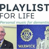 Top shows the 'Playlist for Life' logo and bottom shows Warwick Rotary Club president David Brain and the Warwick Rotary logo. Photos by Warwick Rotary Club