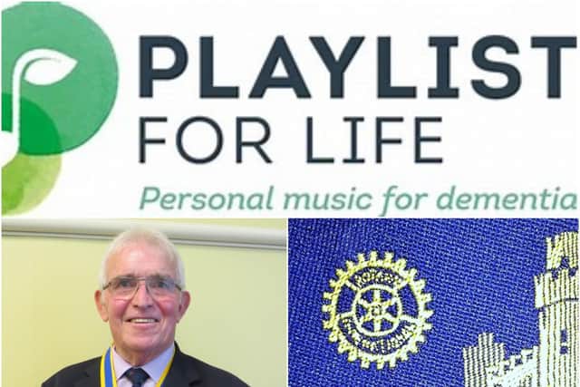 Top shows the 'Playlist for Life' logo and bottom shows Warwick Rotary Club president David Brain and the Warwick Rotary logo. Photos by Warwick Rotary Club