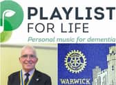Top shows the 'Playlist for Life' logo and bottom shows Warwick Rotary Club president David Brain and the Warwick Rotary logo. Photos by Warwick Rotary Club