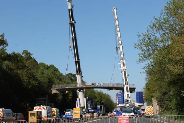The 128 tonne, 35.4 metre concrete bridge being safely removed in April. Photo by Highways England