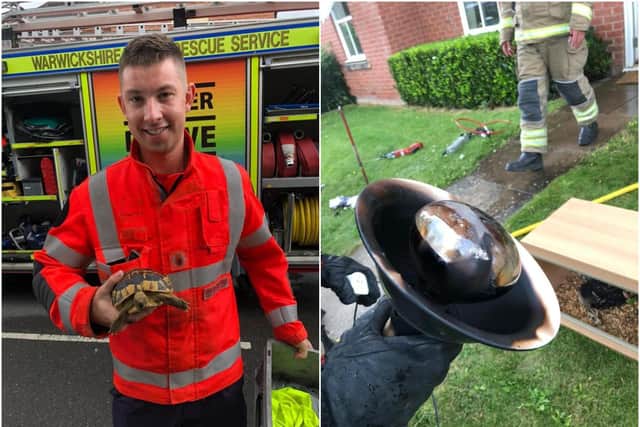 Firefighters rescued a tortoise after being called out to a flat fire in Warwick. Photos by Kenilworth Fire Station