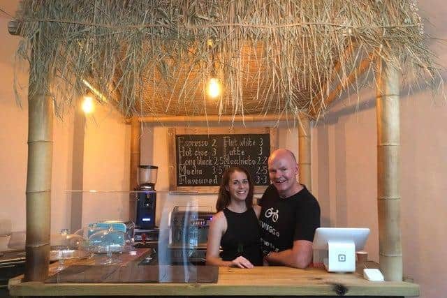 Jack Linstead and his partner Michelle Matthews and Jack Linstead at their tiki bar insideJacks Shack in Jury Street. Photo supplied