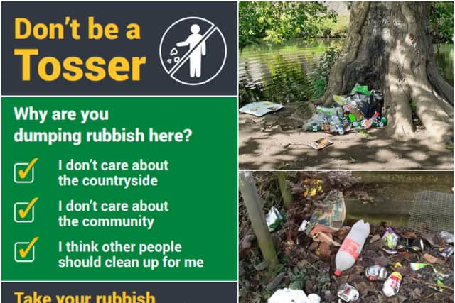 The new poster campaign has been launched after an increase in litter in the county. Photo shows the poster and littering (top right shows rubbish left in the Saxon Mill Fields, photo by Jo Beckett),