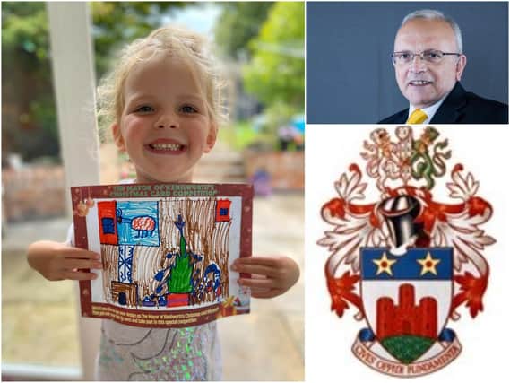 Left shows: Emily de Freston-Jones, aged six, with her entry. Right shows Kenilworth Mayor Cllr Richard Dickson and bottom right shows Kenilworth Town Council's crest. Photos supplied