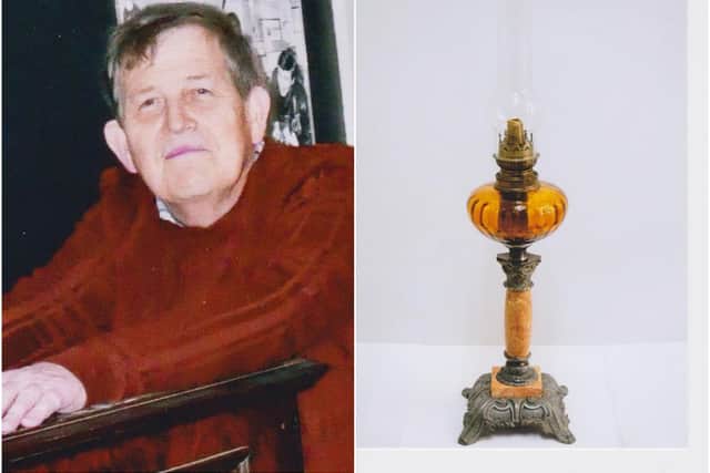 Peter Sumner and the oil lamp his grandfather sent home. Photos supplied