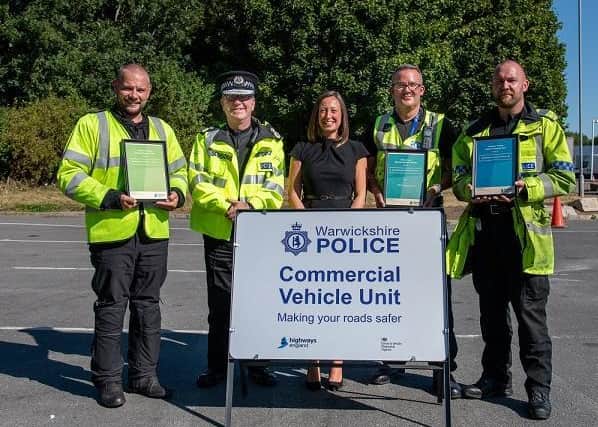 The award was made on August 7 in the presence of Chief Constable Martin Jelley, PS Stafford, PC Russell and PC Blood by Marie Biddulph, Highways England Assistant Regional Safety Coordinator. Photo supplied by Warwickshire Police