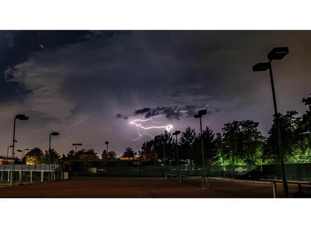Lighting over Leamington Tennis and Squash Club by Carl Gallagher of Light by Night Photography. Amazingly he also managed to get a shooting star (top left) from the Perseid Meteor Shower which was peaking last night.