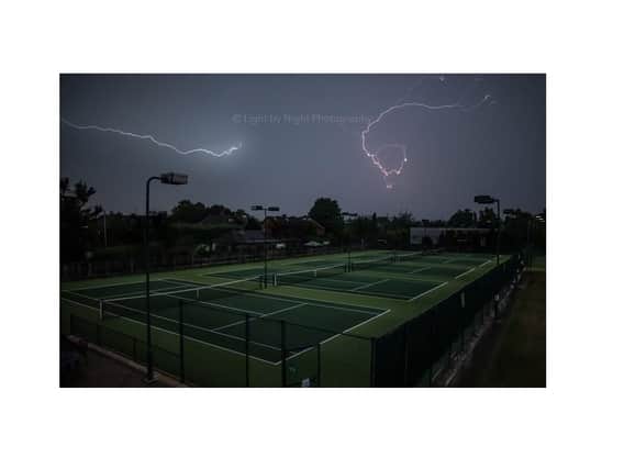 Lightning over Leamington Tennis and Squash Club. Photo by Carl Gallagher of Light by Night Photography.