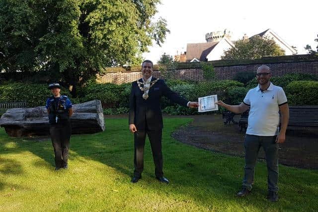 PCSO Fay Wileman with the Mayor of Warwick and Pete Hill. Photo supplied