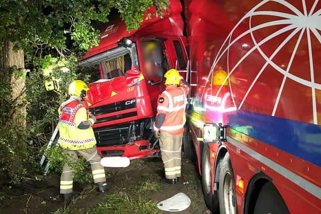 The lorry driver was taken to hospital. Photo by OPU Warwickshire