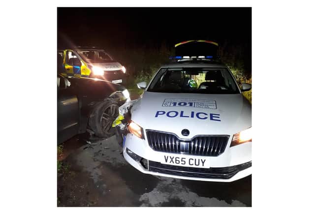 A suspected burglar who rammed a police car with a stolen vehicle was tracked and caught thanks to a police dog. Photo from OPU Warwickshire.