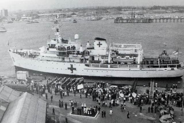 HMS Herald arriving in Portsmouth at the end of the Falklands Campaign. Photo courtesy of the Royal Naval Association.