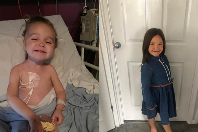 Brave young Holly in hospital, left, and, right, after her recovery.