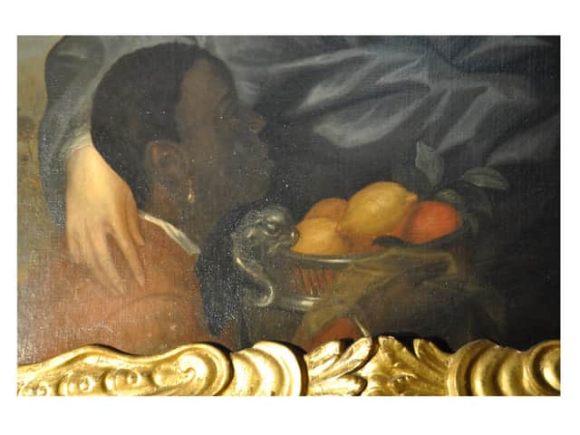 Detail of a Black Servant that features in the portrait of Robert Greville. Warwick Castle.