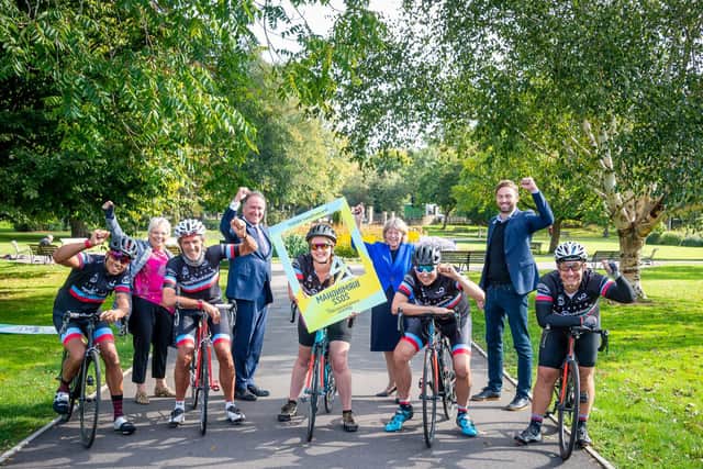 St Nicholas Park in Warwick will host the start and finish of the cycling Road Race for the Birmingham 2022Commonwealth Games.  Pictured at today's announcement, in St Nicholas Park were members of The Lantern Rouge Cycling Club (based in Warwick), together with Matt Kidson (director of sport for Birmingham 2020 organising committee), Izzi Secombe (leader of Warwickshire County Council), Andrew Day (leader of Warwick District Council) and Moira-Ann Grainger (leader of Warwick Town Council).