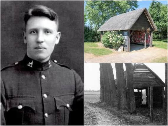 Augustus Jennings in Royal Warwickshire Regiment uniform on his engagement day. Top right shows the museum that now stands at the site of the massacre and bottom right shows the scene of the massacre at Wormhoudt in France. Photos supplied