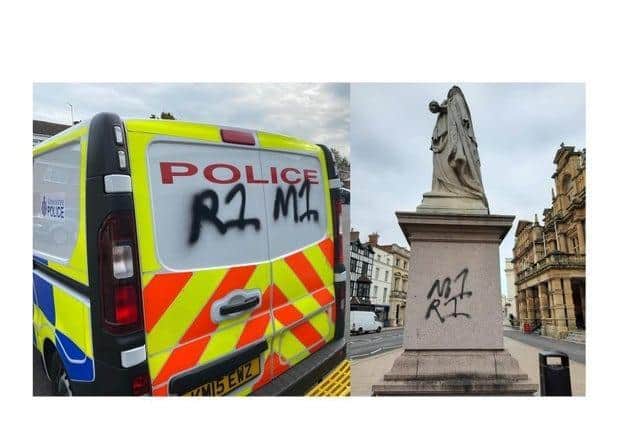 The graffiti on a police van and the Queen Victoria statue. Photos by Warwickshire Police