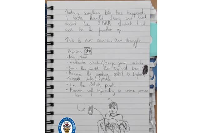 A page from a notebook found in the boy's bedroom, in which he talks about a far-right group he wanted to set up. Photo: West Midlands Police.