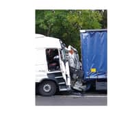 The driver of this van miraculously escaped with slight injuries after their vehicle was squashed by two lorries in a heartstopping accident on the M1 near Lutterworth.