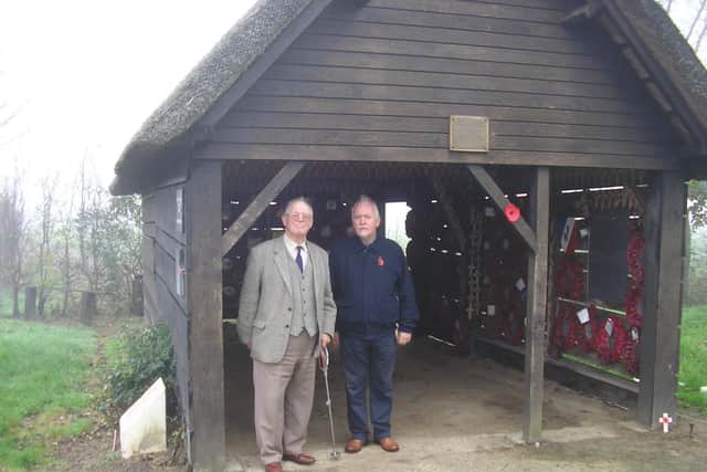 John Phillpott, pictured right, outside the barn of death at
Wormhoudt, near Calais.