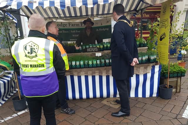 Cllr Terry Morris, Mayor of Warwick with John and Jamie from CJ's Events Warwickshire at the French market. Photo supplied
