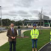 Rugby MP Mark Pawsey, Alexandra Purcarea (site operations manager) and Wendy Corcoran-Smith (project manager) at the Moto Service Site near J1 of the M6.