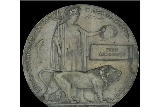 The plaque of Lieutenant Euan Lucie-Smith, 1st Battalion, Royal Warwickshire Regiment. Photo provided by Dix Noonan Webb