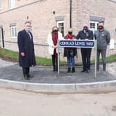 Left to right: Cllr Andrew Day; Conrad’s Family – Siobhan Lewis (sister); Sandi Lewis (mother); Tony Lewis (father); Jordan Lewis (brother); Cllr Pam Redford. Photo supplied