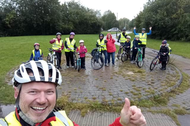 Simon Storey with Bicycle Bus riders.