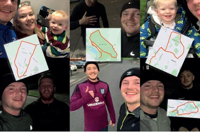 A collage of Luke Young's running efforts with various supporters so far.