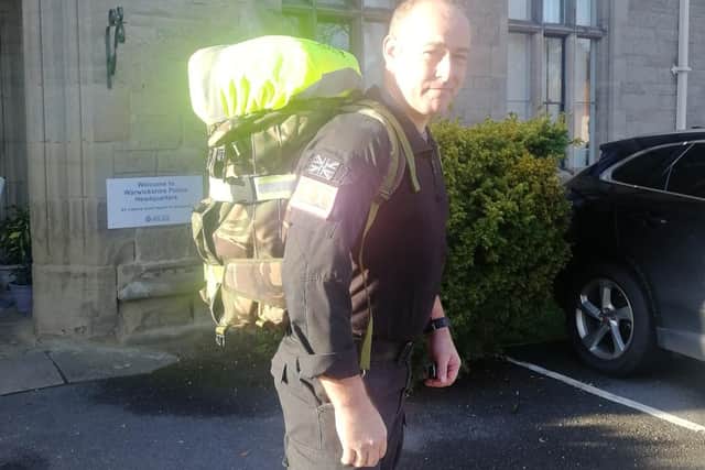 PC Scott Caswell, of Warwickshire Police, has completed an 86-mile walk of laps around the force's Leek Wootton HQ in 24 hours to raise money for the charity Veterans Contact Point.