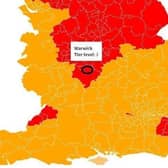 Leamington, Warwick and Kenilworth will be moving into the highest Covid restriction - tier 3 (in red)