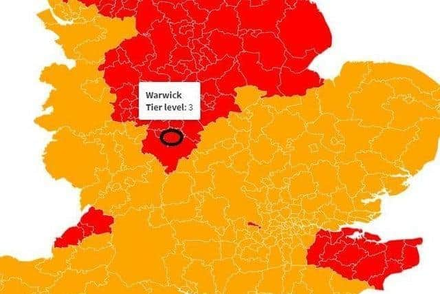 Leamington, Warwick and Kenilworth will be moving into the highest Covid restriction - tier 3 (in red)