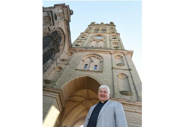 Vaughan Roberts, Vicar of St Mary’s and Team Rector of Warwick, in front of the landmark tower of St Mary’s for the launch of Campaign 2023. Photo supplied