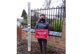 Rotarian Camille Sethi and the peace pole. Photo submitted