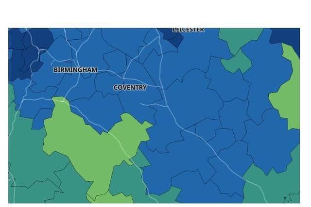 The Government map showing Warwickshire in light blue and green - the lighter the colour the lower the Covid rate.