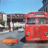 Patrick Kingston took this photo at the old Crown Hotel stop in High Street, Leamington in 1959) and had it printed as part of a postcard by Warwick Print and Copy. The bus is a type S13 (fleet number 3877).
