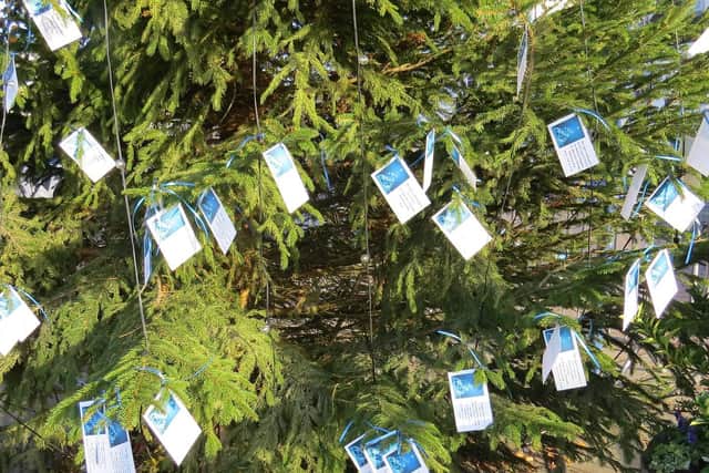 There are now more than 100 cards of remembrance and love on the tree in Market Place. Photo submitted