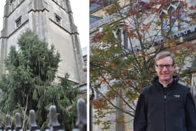 Left, Rugby Rotary's Tree of Light outside St Andrew's and, right, Canon Edmund Newey.