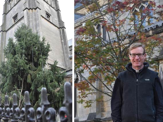 Left, Rugby Rotary's Tree of Light outside St Andrew's and, right, Canon Edmund Newey.
