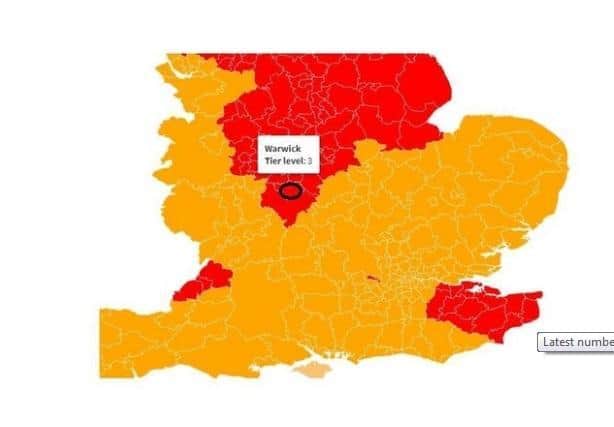 How the Covid tier map currently looks, after the December 2 decision. The areas in red (in clouding Warwickshire) were put into tier three.