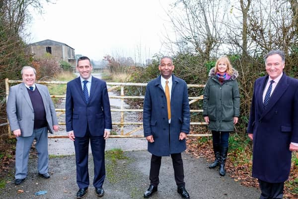 Pictured outside the entrance to the land at Southcrest Farm (site for the new Kenilworth School & Sixth Form) from left to right - John Cooke (WDC Councillor), Richard Hales (KMAT Trustee), Hayden Abbott (Executive Headteacher Kenilworth), Shirley Whiting (KMAT Trustee), Andrew Day (Leader WDC)