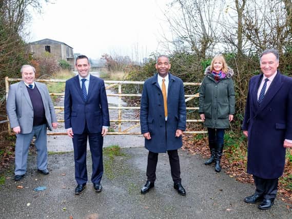 Pictured outside the entrance to the land at Southcrest Farm (site for the new Kenilworth School & Sixth Form) from left to right - John Cooke (WDC Councillor), Richard Hales (KMAT Trustee), Hayden Abbott (Executive Headteacher Kenilworth), Shirley Whiting (KMAT Trustee), Andrew Day (Leader WDC)