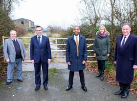 Pictured outside the entrance to the land at Southcrest Farm (site for the new Kenilworth School & Sixth Form) from left to right - John Cooke (WDC Councillor), Richard Hales (KMAT Trustee), Hayden Abbott (Executive Headteacher Kenilworth), Shirley Whiting (KMAT Trustee), Andrew Day (Leader WDC)